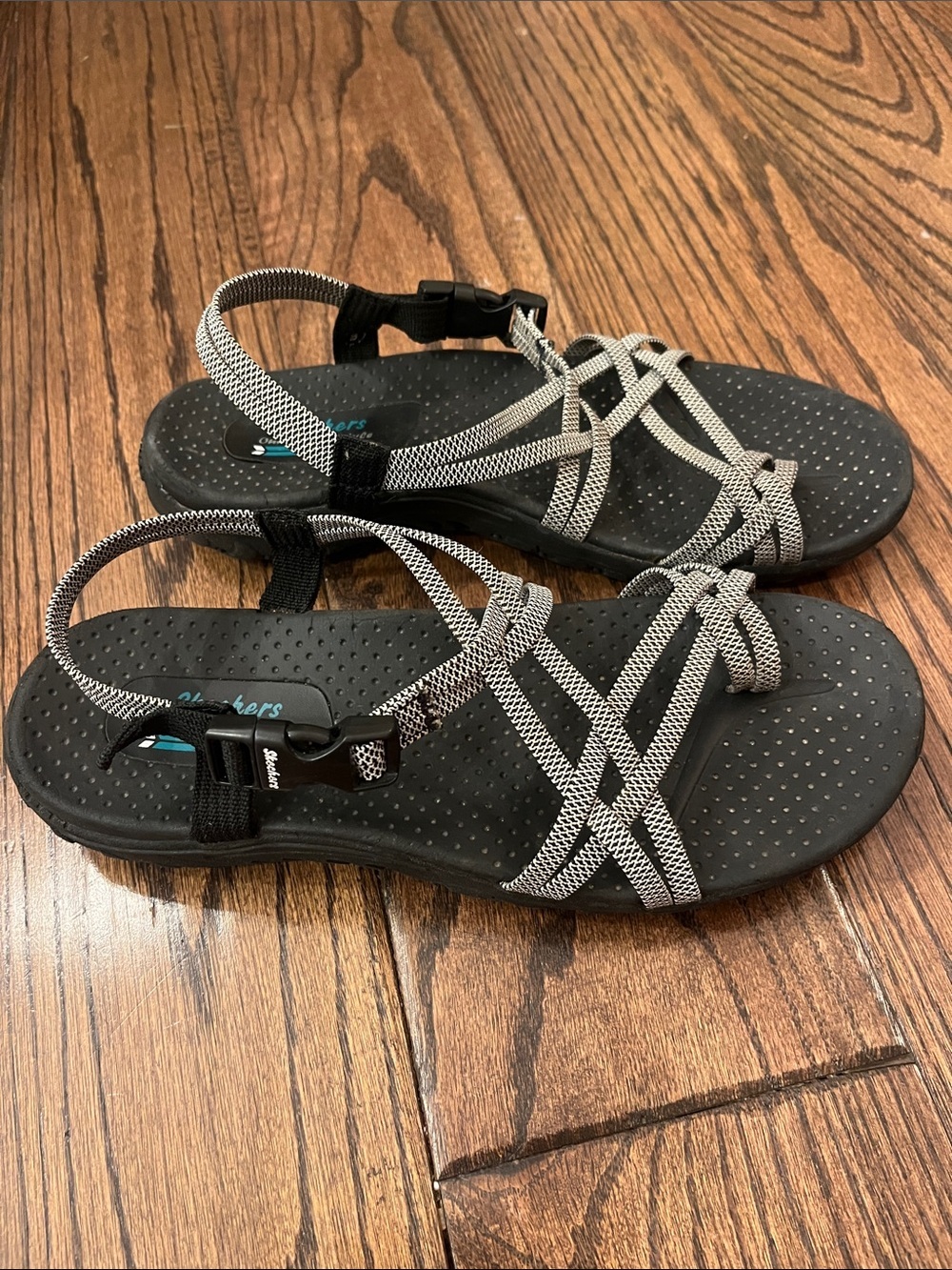 Skechers Black Sandals with White Strappy Webbing Size 8